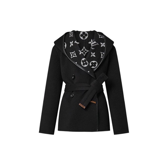 lv louis vuitton monogram lined wrap belted double breasted hooded wool cashmere short coat
